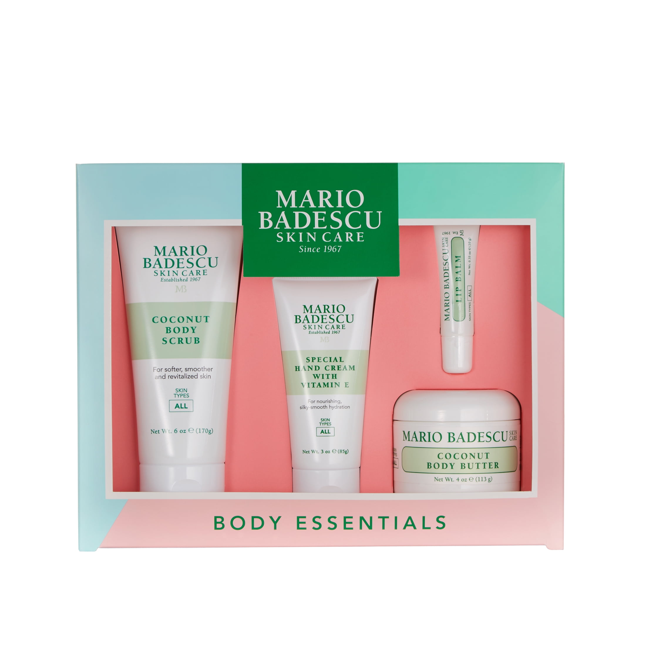 Mario Badescu Body Essentials Kit, 4 Piece Set with Body Scrub, Body Lotion, Hand Cream, and Lip Balm