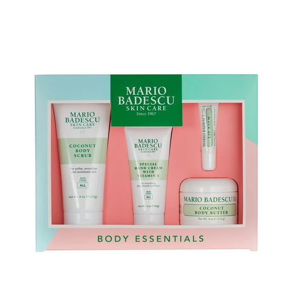 Mario Badescu Body Essentials Kit, 4 Piece Set with Body Scrub, Body Lotion, Hand Cream, and Lip Balm