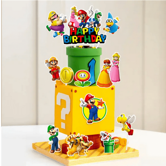 Mario Birthday Cake Decoration Kit with Cake Topper and Cupcake Toppers, 13 Count