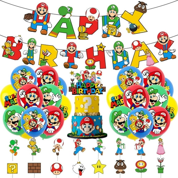 Mario Birthday Decorations,Gender Reveal Party Supplies Include Happy Birthday Banner, Cake Topper and Cupcake Toppers, Balloons for Kids Party Dcor