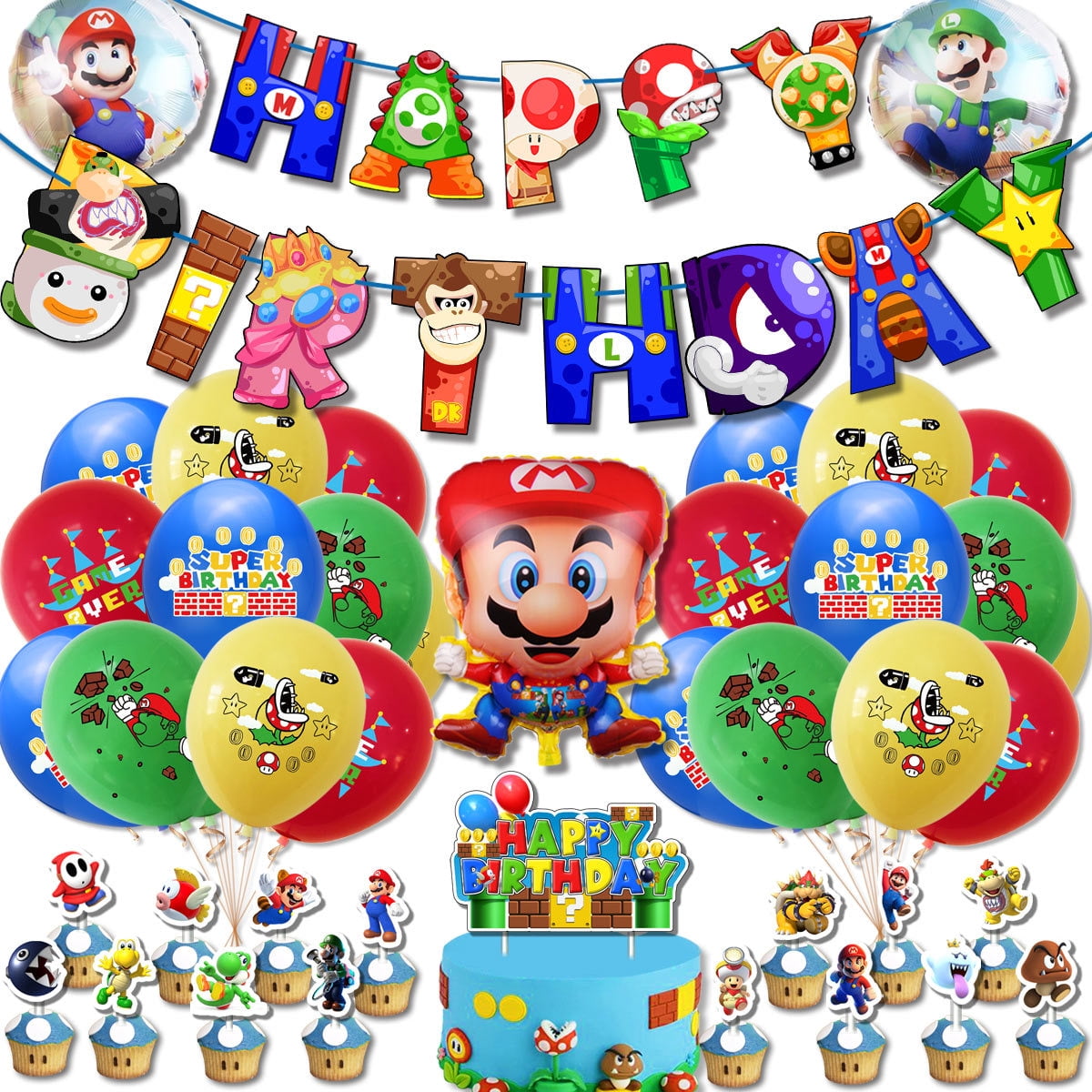 Mario Birthday Party Decoration Set, Super Bros Party Balloon Banner Cake Toppers, Mario Theme Party Decoration