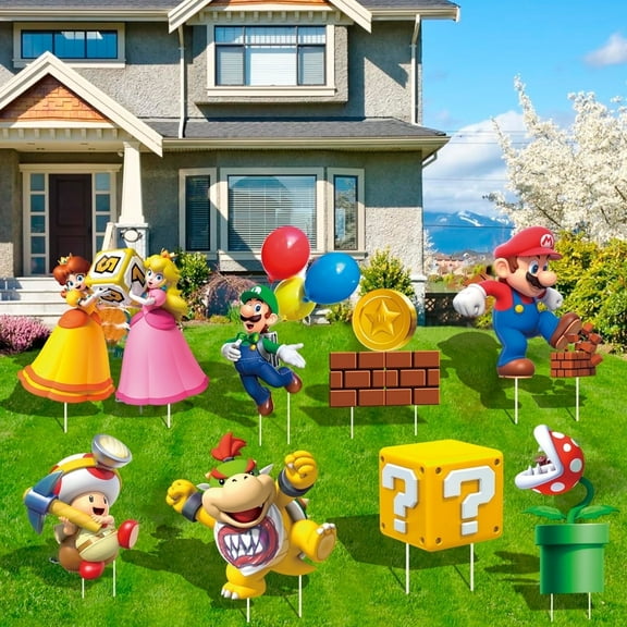M-ario Birthday Party Supplies Mario Yard Signs, 8pcs M-ario Theme Yard Sign with Stakes for Boys/Girls M-ario Birthday Decorations, M-ario Party Decorations & Outdoor Decorations Supplies