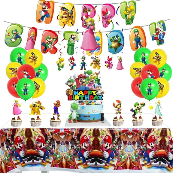 Mario Birthday Party Supplies, Super Bros Themed Party Decorations Set Include Banner, Balloons, Hanging Swirls, Cake Cupcake Toppers,,Tablecloth for Fun Party