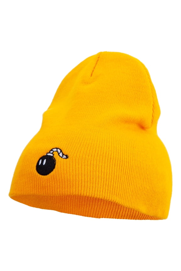 Mario Bomb Embroidered 8 inch Acrylic Short Beanie - Gold OSFM