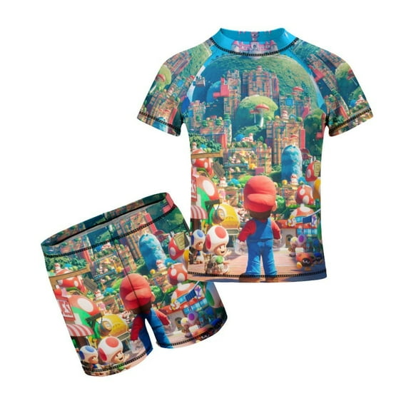 Mario Boys Rash Guard Set 2 Piece Swimsuits Short Sleeve Bathing Suits with Trunks