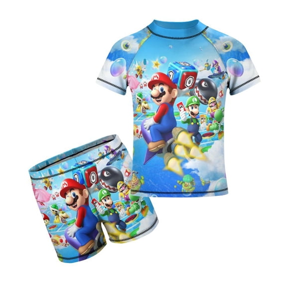 Mario Boys Rash Guard Set 2 Piece Swimsuits Short Sleeve Bathing Suits with Trunks