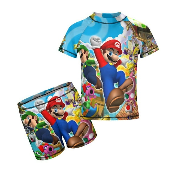 Mario Boys Rash Guard Set 2 Piece Swimsuits Short Sleeve Bathing Suits with Trunks