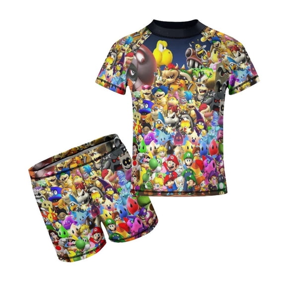 Mario Boys Rash Guard Set 2 Piece Swimsuits Short Sleeve Bathing Suits with Trunks