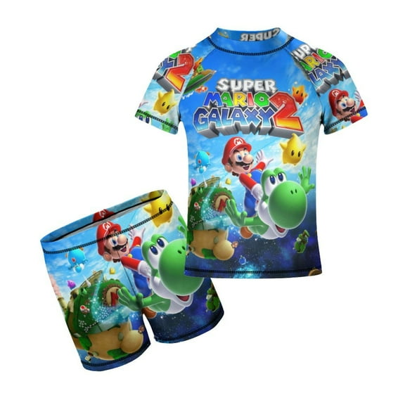 Mario Boys Rash Guard Set 2 Piece Swimsuits Short Sleeve Bathing Suits with Trunks