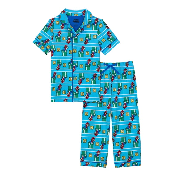 Mario Boys Short Sleeve Sleep Notch Collar Top and Pants Pajama Set, 2-Piece, Sizes 4-12