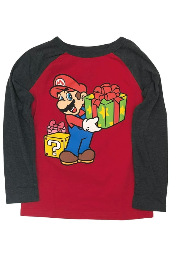 Mario Bros Boys Red & Black Long Sleeve Christmas Holiday T-Shirt Tee Shirt 4