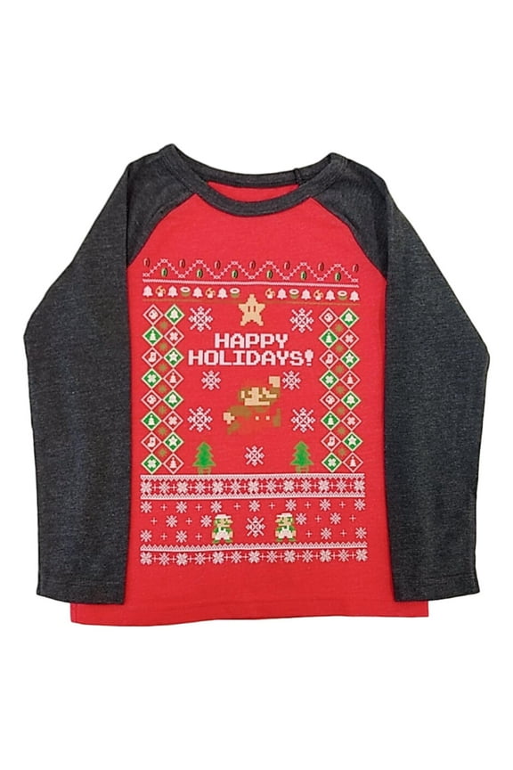 Mario Bros Boys Red Power Up Long Sleeve Christmas Holiday T-Shirt Tee Shirt 6