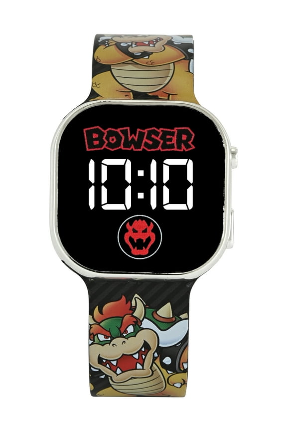 Mario Brothers Browser Unisex Childrens LED Watch WithSquare Caseand Printed Silicone Strap; GSM4439WM