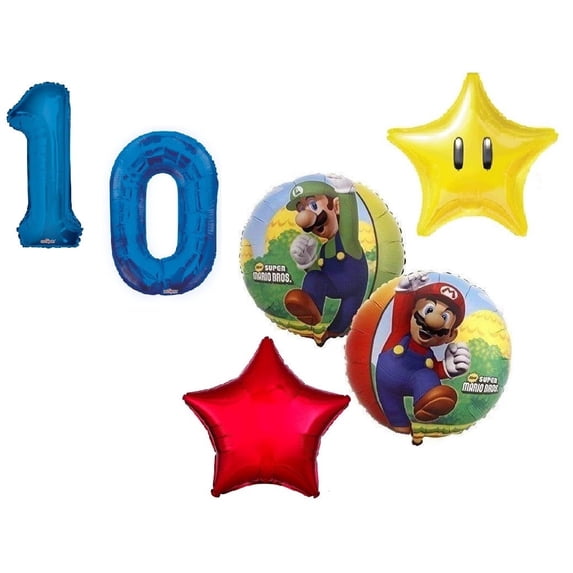 Super Mario Brothers Luigi #10 10th 5 Piece Power Star Happy Birthday Decorations Balloons Set