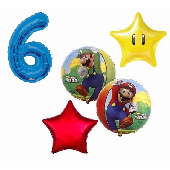 Super Mario Brothers Luigi #6 6th 5 Piece Power Star Happy Birthday Decorations Balloons Set