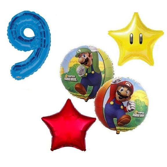 Mario Brothers Luigi #9 9th 5 Piece Power Star Happy Birthday Decorations Balloons Set