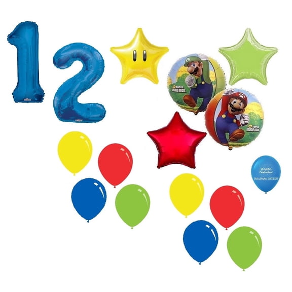 Super Mario Brothers Mario Luigi #12 12th 15 Piece Power Star Happy Birthday Decorations Balloons Set