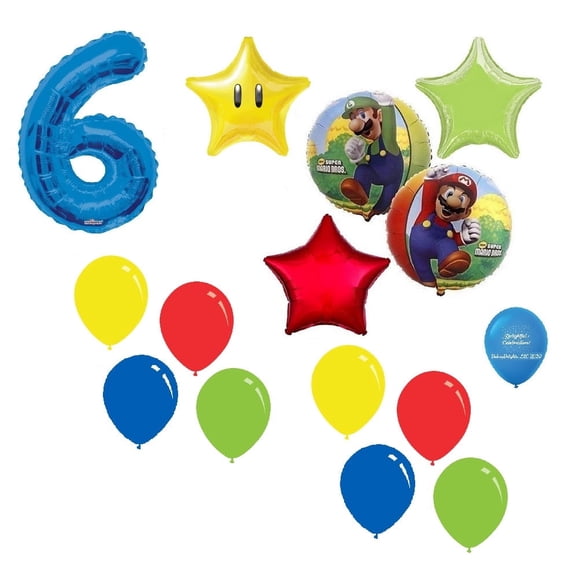Super Mario Brothers Mario Luigi #6 6th 15 Piece Power Star Happy Birthday Decorations Balloons Set