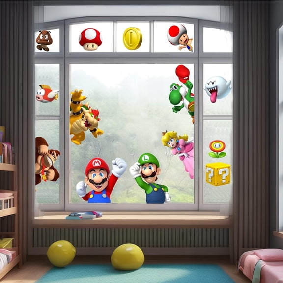 Mario Cartoon Window Clings Decals,Wall stickersParty Removable Stickers for Glass Windows,Birthday Party Supplies Holiday Home Decorations (9sheets)