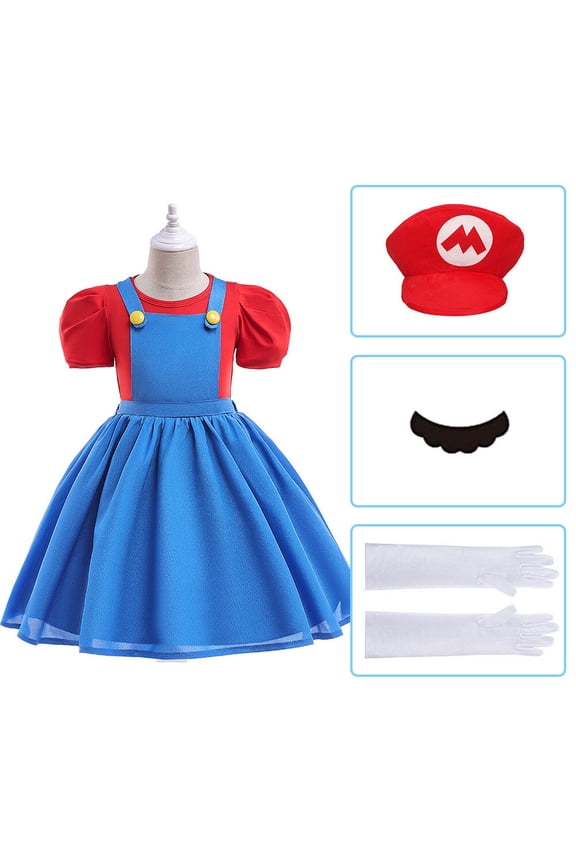 Mario Costume Dress for Girls Halloween Super Brothers Hats Moustache Outfits Set