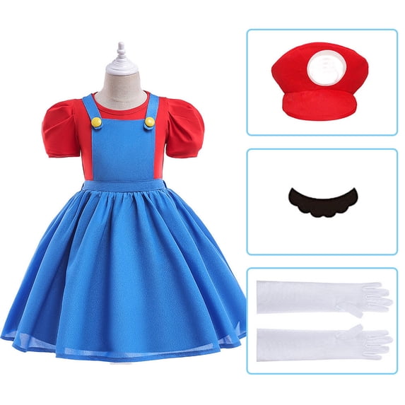 Hero Bros Costume Dress for Girls Halloween Outfits with Moustache Gloves