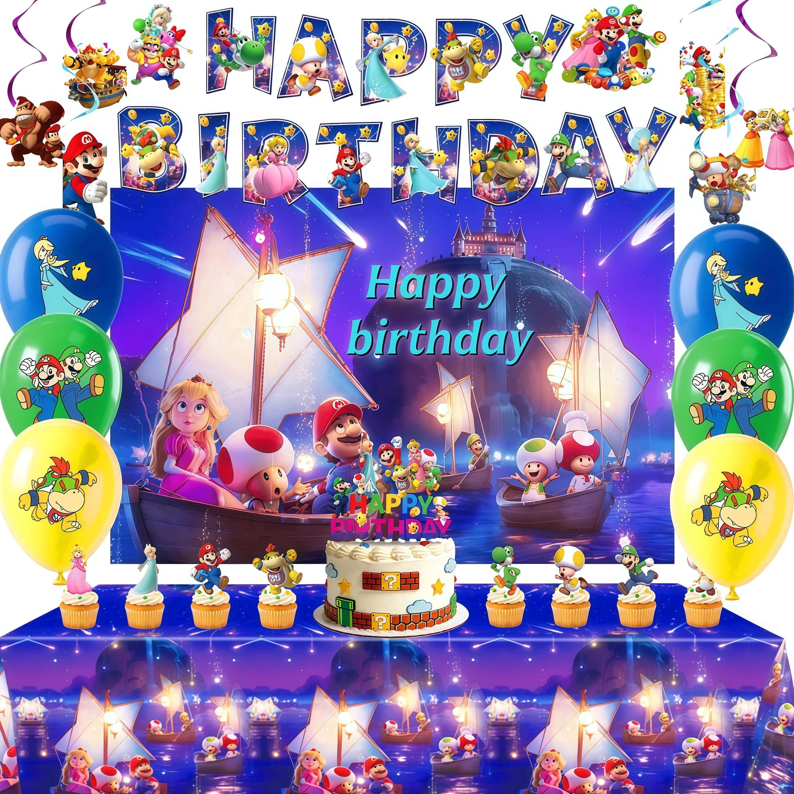Mario Galaxy birthday party supplies and decorations set includes a birthday banner, backdrop, tablecloth, garlands, balloons, cake decorations, etc., suitable for both boys and girls.