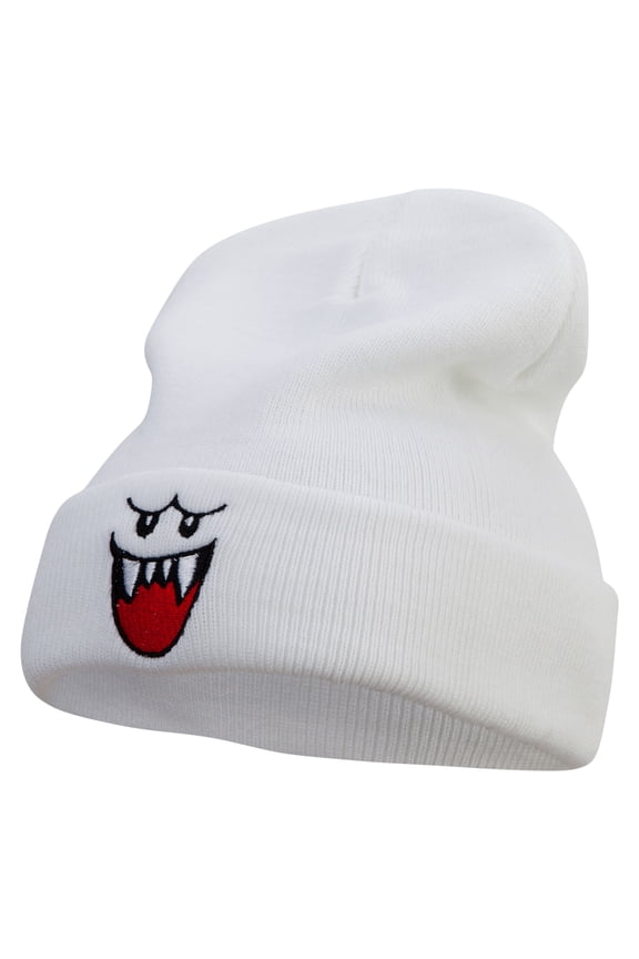 Mario Ghost Face Embroidered 12 Inch Long Knitted Beanie - White OSFM