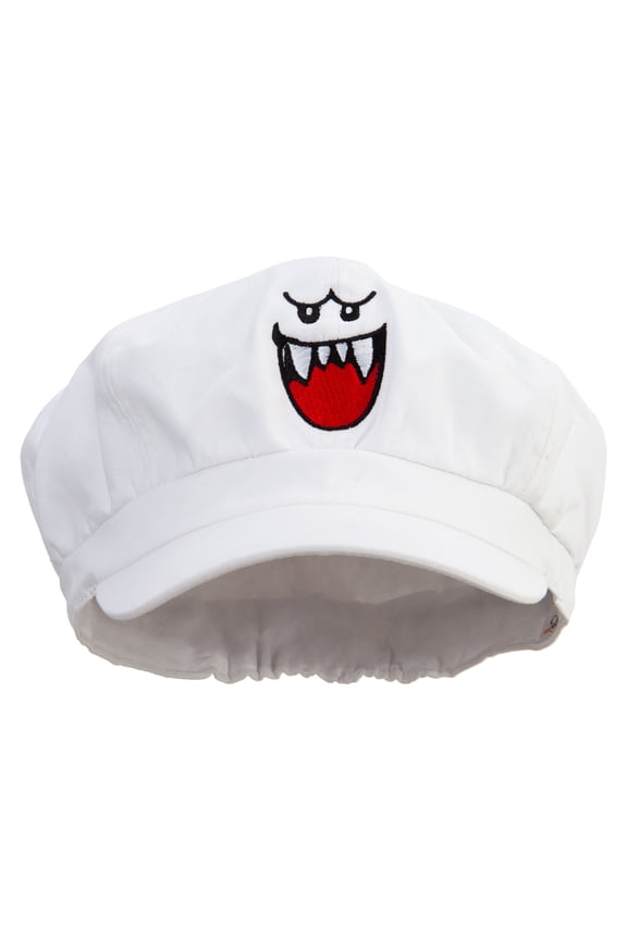 Mario Ghost Face Embroidered Cotton Elastic Newsboy Cap - White OSFM