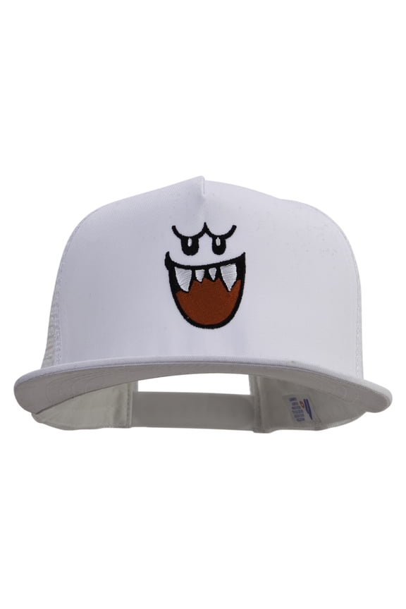 Mario Ghost Face Logo Embroidered Flat Bill Snapback Trucker Cap - White White OSFM