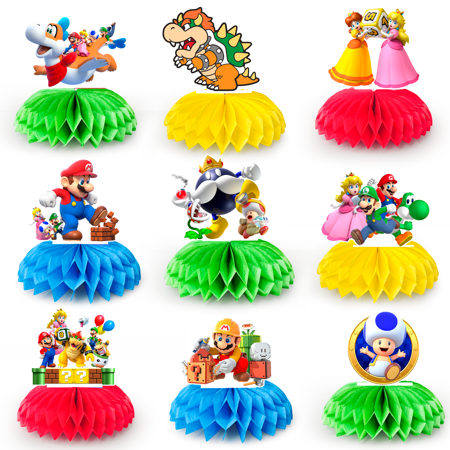 Mario Honeycomb Centerpieces for Birthday,9pcs Mario Centerpieces for Tables 3D Double Side Mario Honeycomb Style Centerpiece for Boys and Girls Mario Themed Party Decorations