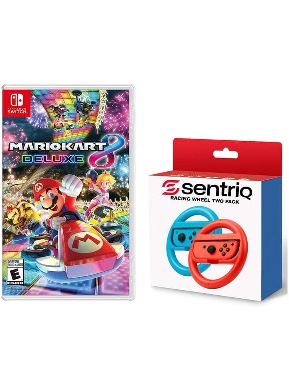 Mario Kart 8 Deluxe - Nintendo Switch with Sentriq Racing Wheel Two Pack Joy Con Attachments Bundle