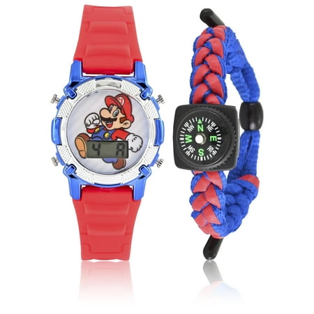 Mario Kids Flashing Lights LCD Watch with Matching Woven Compass Set (GSM40085WM)