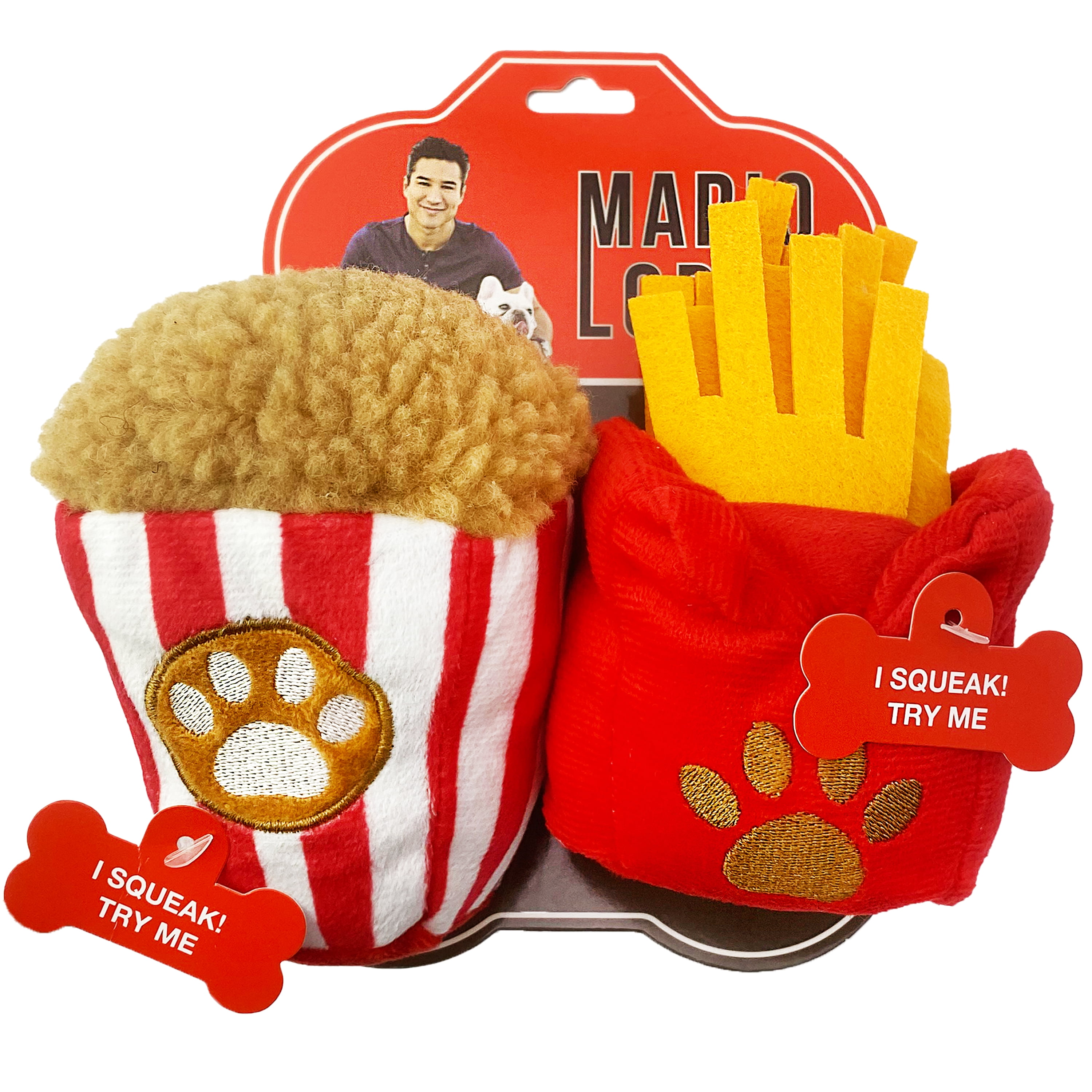 Mario Lopez Pet Toys - 2 Pack Plush Pupcorn and Frenchie Fries Dog Toys - Red