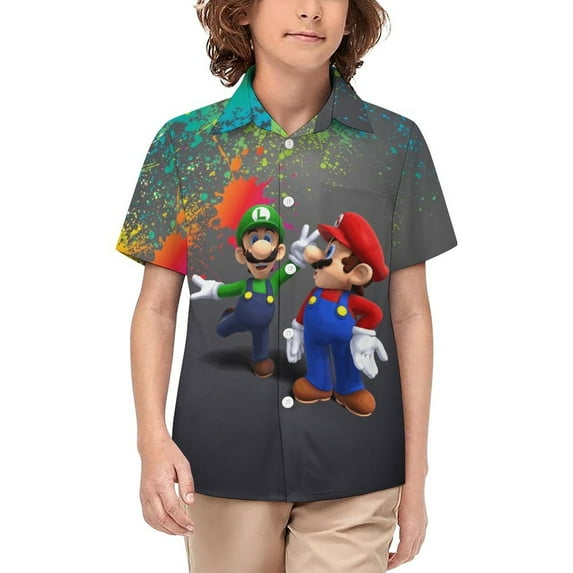 Mario Luigi Bros Kid's Short Sleeved Shirt Summer Daily Casual Button-Down Shirts Tee Top Teen Beach Clothing With Pocket
