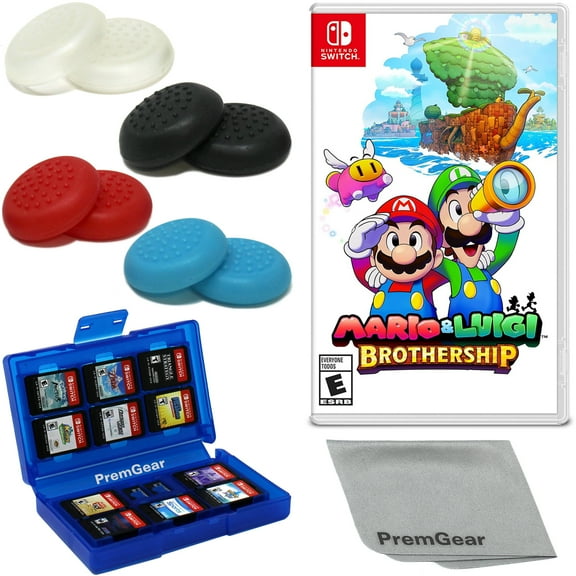 Mario & Luigi: Brothership for Nintendo Switch (physical, US Version), with PremGear Thumb Grips (8 pack - Black, Blue, Red & Clear), 24 Slot Game Card Holder & Cleaning Cloth