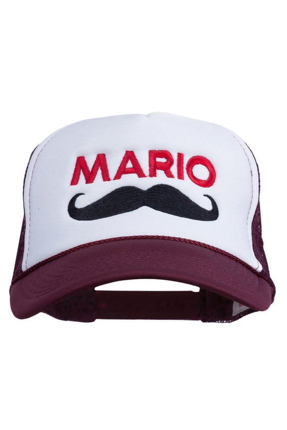 Mario Mustache Embroidered Foam Mesh Cap - Maroon White OSFM