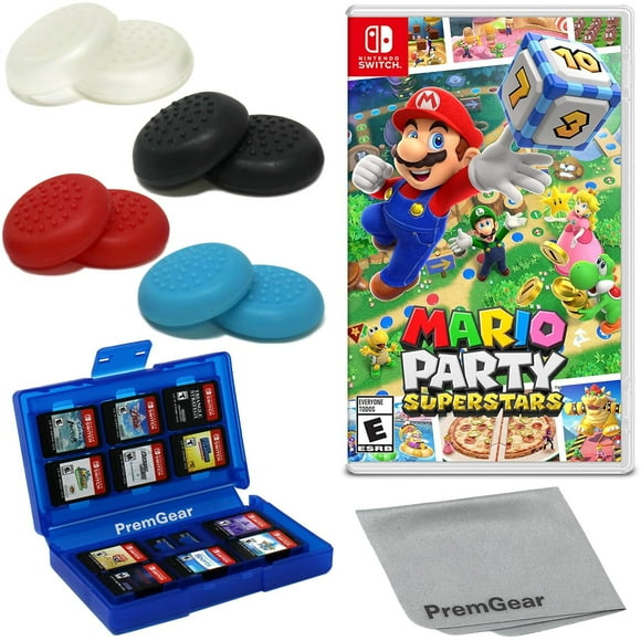 Mario Party Superstars for Nintendo Switch (US Version), with PremGear Thumb Grips (8 pack - 2 Black, 2 Blue, 2 Red & 2 Clear), 24 Slot Game Card Holder & Cleaning Cloth