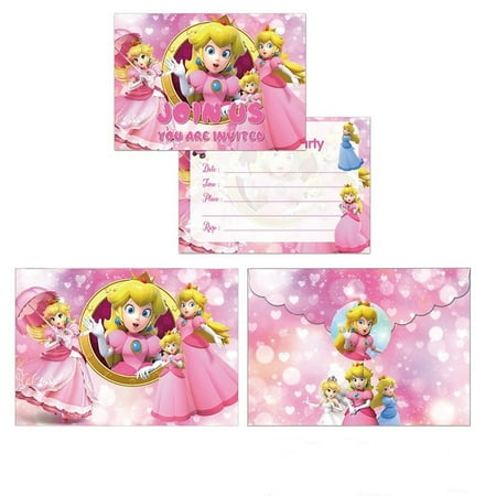 Mario Peach Princess Birthday Party Invitation & Envelopes,12Pcs