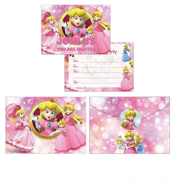 Mario Peach Princess Birthday Party Invitation & Envelopes12Pcs