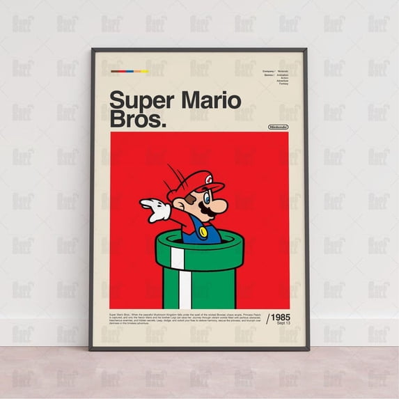 Mario Pipe Jump Poster | Minimal Cartoon Style Wall Art for Gaming Decor Home Decor | Bold Red Background Artwork Gift for Fans | Size 24x36 Unframed Poster
