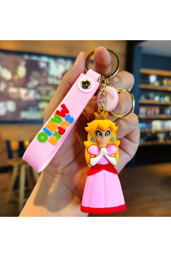 Mario Princess Peach 3D Figure Keychain Key Ring with Lanyard Strap