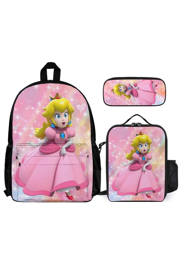 Mario Princess Peach Fun cartoon three-piece backpack set: includes backpack lunch box and pencil case One size