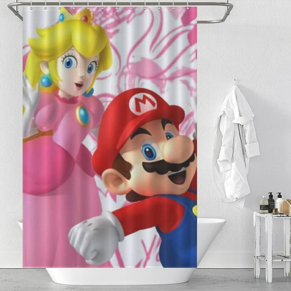 Mario Princess Peach Shower Curtain,Polyester Shower Curtain,Water-Resistant Bath Curtain with 12 Shower Curtain Rings,Long Shower Curtains for Bathroom,72x48