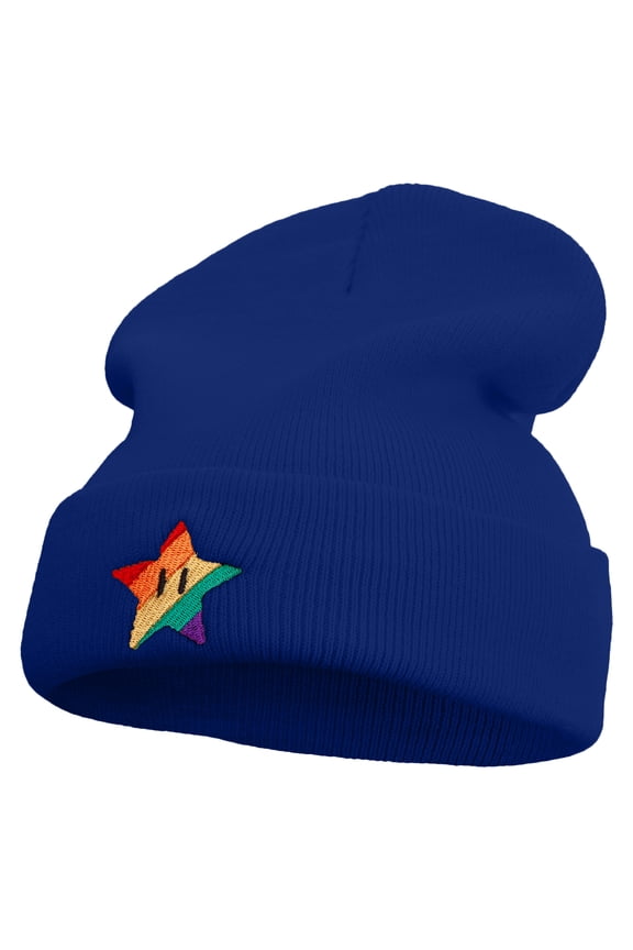 Mario Rainbow Star Embroidered 12 Inch Long Knitted Beanie - Royal OSFM