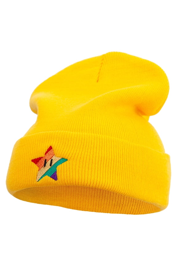 Mario Rainbow Star Embroidered 12 Inch Long Knitted Beanie - Yellow OSFM