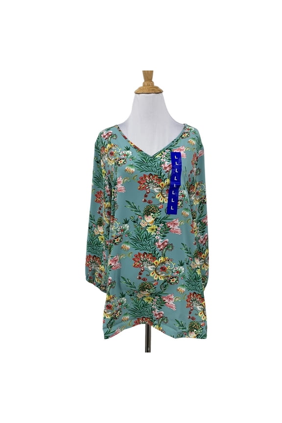 Italy Womens V Neck Quarter Sleeve Top (Blue Floral, 3X)