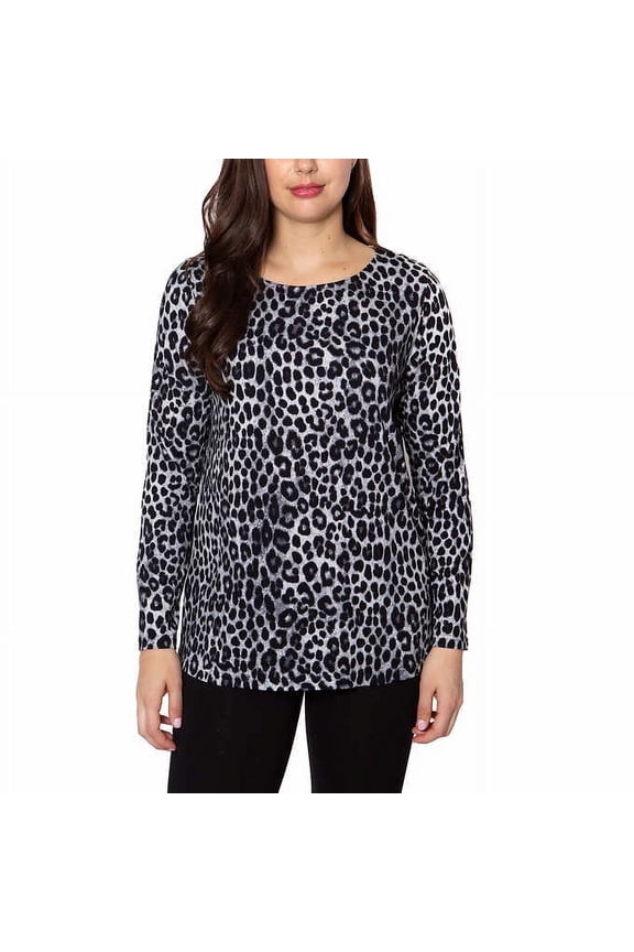 Womens Long Sleeve Crew Neck Top Brown Leopard Size: L, Color: Gray Leopard