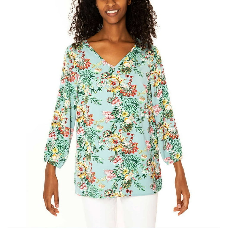 Mario Serrani Women's V Neck Tunic Top (Blue Floral, Large