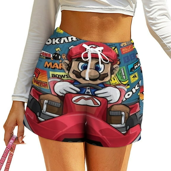 Mario Shorts Women's Elastic High Waist Wide Leg Shorts Graphic Print Pants with Pockets S