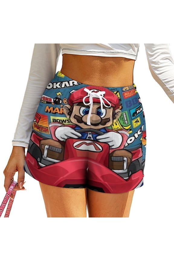 Mario Shorts Women's Elastic High Waist Wide Leg Shorts Graphic Print Pants with Pockets S
